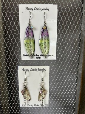 Purple & Green Dragonfly Wing Dangle Earrings